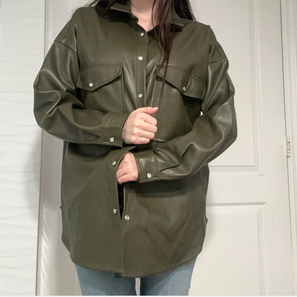 Women’s Oversized Relaxed Fit Olive Green Faux Leather Jacket